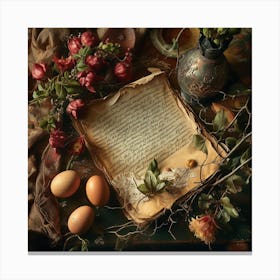 Old Book With Eggs And Flowers Canvas Print