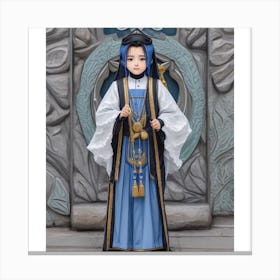 (3)The image depicts a young girl dressed in a traditional Chinese costume, wearing a blue and white robe with gold accents, a black hat, and a gold necklace. She is standing in front of a large, intricately carved stone doorway. Canvas Print