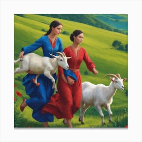 Two Women With Goats Canvas Print