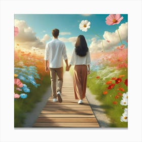 Couple Walking Through Flowers Canvas Print