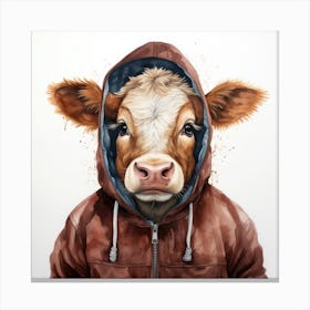 Watercolour Cartoon Cattle In A Hoodie 3 Canvas Print