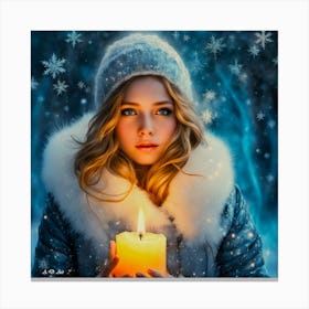 Cute Beauty In A Snow Winter Atmpospehre Holding A Candle Coloruful Painting Art Canvas Print