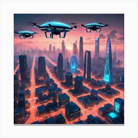 Futuristic Cityscape With Drones Canvas Print