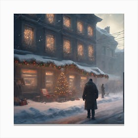 Man Walking Down A Snowy Street Canvas Print