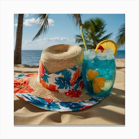 Hat And Drink On The Beach Canvas Print