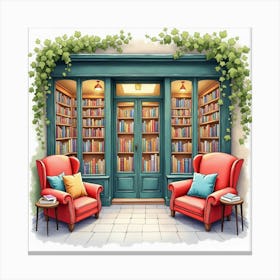 Watercolor Of Parisian Bookshop With Colorful Spines And Cozy Reading Nooks 1 Canvas Print