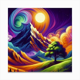 Mountain With Spiral Moon Sun Large Tree 2 Canvas Print