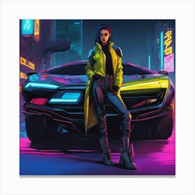 Cyberpunk Girl Standing Next To A Car Canvas Print