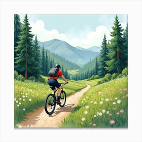 Mountain Bike Through A Forested Valley Watercolor Scene 1 Canvas Print