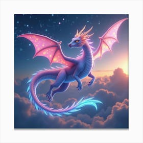 A Dreamy Dragon With Scales Of Cascading, Neon Light Soaring Through A Celestial Sky Canvas Print