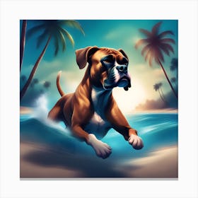 A dog boxer swimming in beach and palm trees 10 Canvas Print