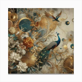 Peacocks And Flowers 3 Canvas Print