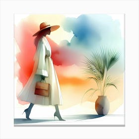 Watercolor Girl In Hat Canvas Print