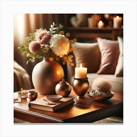 Table With Candles And Flowers Canvas Print