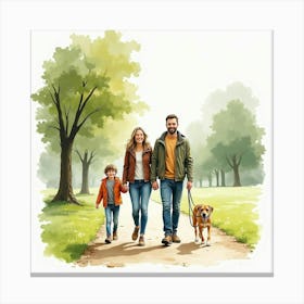 Watercolor Illustration Of An English Family Walking Their Dog In A Park 1 Canvas Print