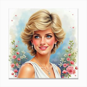 Princess Diana’S Watercolor Portrait With Soft, Swirling Colorful Scenery Canvas Print