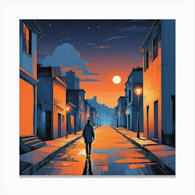 Night Scene Of A Street With A Person Walking Down The Street Art (1) Canvas Print