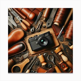 Leather Tools And Camera Canvas Print