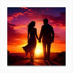 Couple Holding Hands At Sunset Canvas Print
