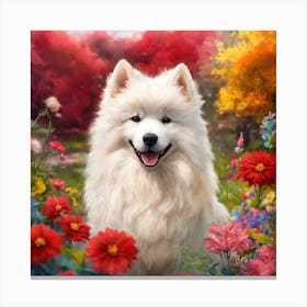 Samoyed Dog In Flowers Canvas Print