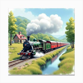 Elegant Locomotive Passing Through A Tranquil Watercolor Village 1 Canvas Print