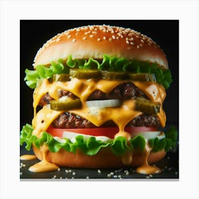 Behold the towering, delectable, and mouthwatering double cheeseburger, a culinary masterpiece that tantalizes the taste buds with its juicy beef patties, melted cheese, crisp lettuce, zesty pickles, and fluffy sesame bun, all coming together in perfect harmony to create a symphony of flavors that will leave you craving for more. Canvas Print