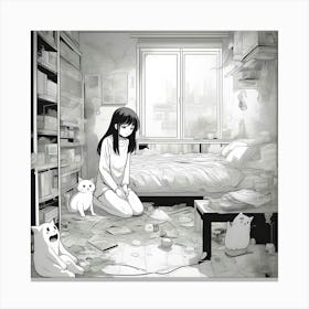 Manga Girl In A Room With Cats Canvas Print