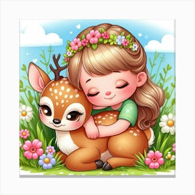 Little Girl Hugging A Deer Canvas Print