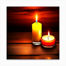 candles on a wooden table with a sunset in the background, Candles On A Wooden Table Canvas Print