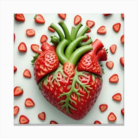 A Heart Shaped Object Made Of Strawberries, Surrounded By Cut Strawberries, Creating A Playful And Whimsical Representation Of Love And Health Canvas Print