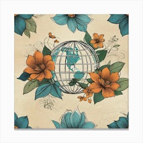 Earth Globe And Flowers Canvas Print