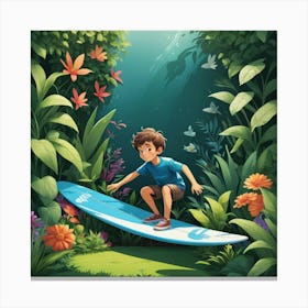 Boy Surfing In The Jungle Canvas Print