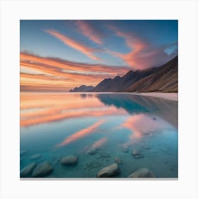 A tranquil sea with hills at sunset Canvas Print