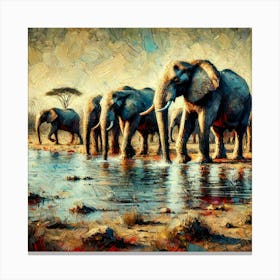 An Abstract Painting Of A Herd Of Elephants At A Watering Hole In The Savanna.AI 1 Canvas Print