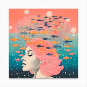 Risograph Style Surreal Woman & Fish, Candy Colours 5 Canvas Print