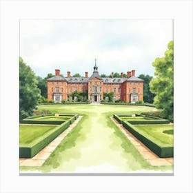 Watercolor View Of The Halton House In Buckinghamshire, Featuring Its Grand Design And Beautiful Grounds Canvas Print