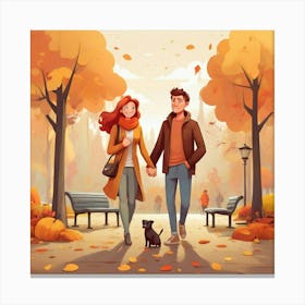 Autumn Couple Walking In The Park Canvas Print