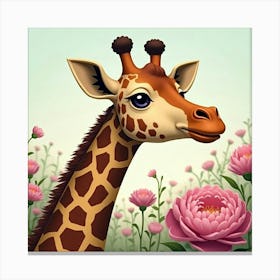 Giraffe With Blooming Peonies 1 Canvas Print