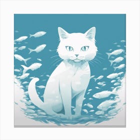 White Cat With Fish Canvas Print