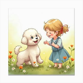 Adorable Bichon Frise Puppy And A Child Having Fun In A Watercolor Meadow 1 Canvas Print