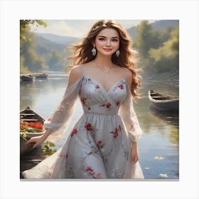 Beautiful Girl By The River Canvas Print