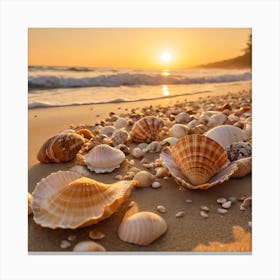 Seashells On The Beach At Sunset Canvas Print