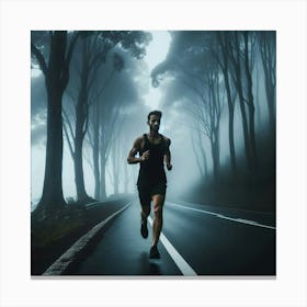 A runner finds his rhythm in the early morning fog, the cool air filling his lungs and the sound of his feet hitting the pavement echoing in the stillness. Canvas Print