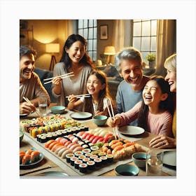 Family Sushi Night Wall Art: A Cozy and Joyful Meal Together for Dining Room or Kitchen Decor Print Art Canvas Print