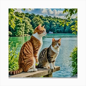 Two Cats On A Wooden Bench Canvas Print