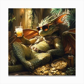 Cool Dragon Lounging on Gold Background 6 Canvas Print