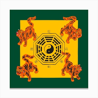 Bagua Tigers Green Square Canvas Print
