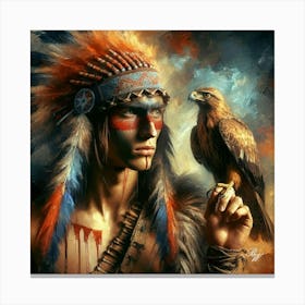 Oil Texture Young Native American Indian With Hawk Canvas Print