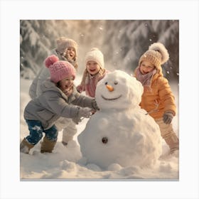 Children Playing With Snowman Canvas Print