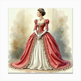 Graceful Watercolor Of Queen Elizabeth I, Lavish Gown, Regal Setting 1 Canvas Print